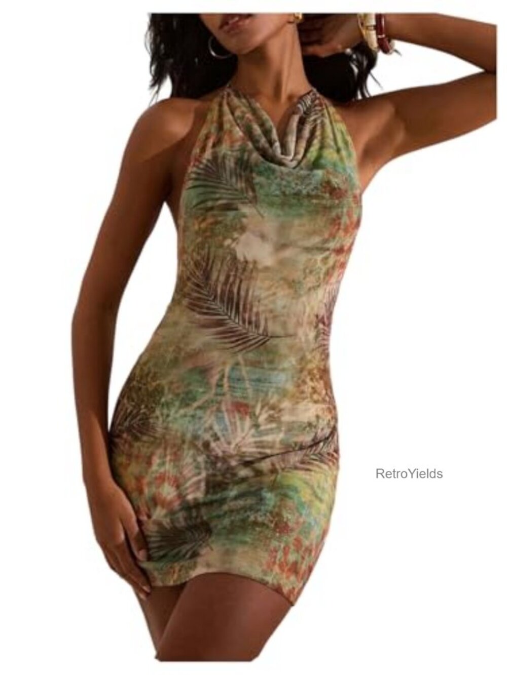Tropical Mini Halter Dress Chain Backless Draped Bodycon